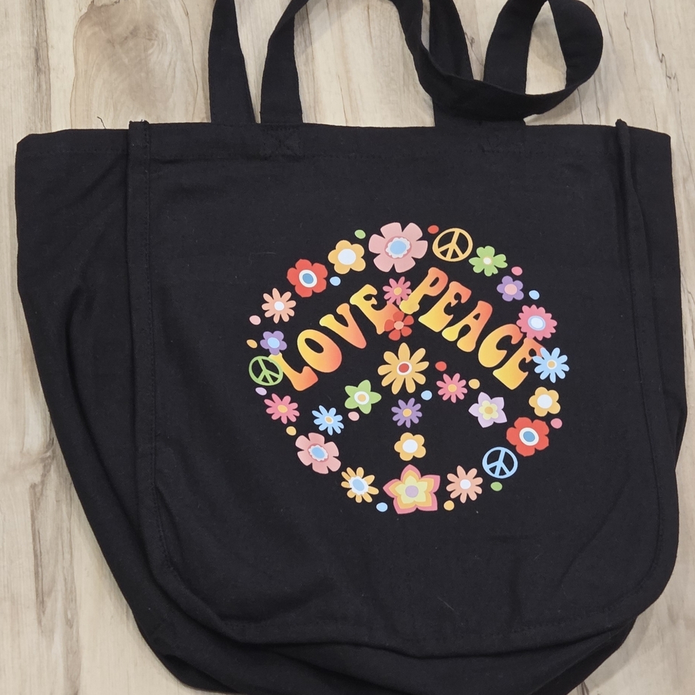 Buy One Get One Half Off Black Love & Peace Tote Bag with Pockets Inside.